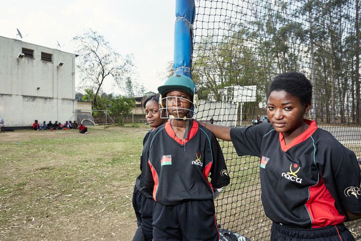 From left to right: Dalitso, Dalida & Shahida take a break from batting practice, Malawian U19 Women’s Cricket Team, Blantyre, Malawi, 2016.