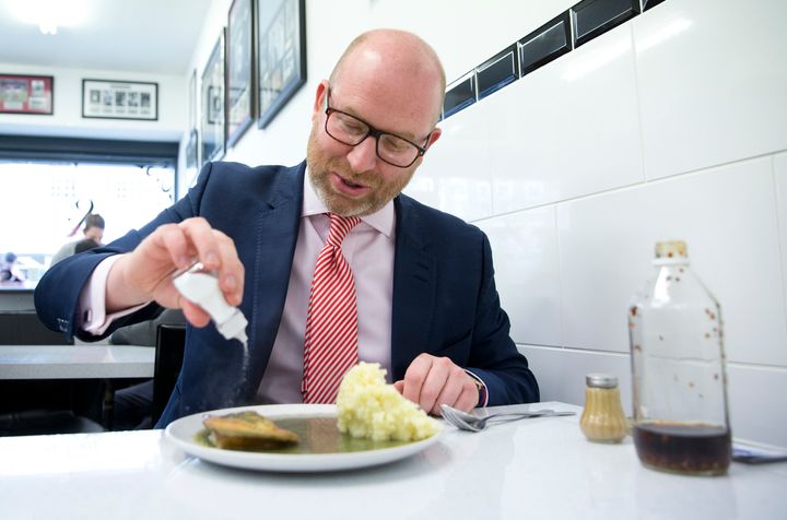 Nuttall tucks into a meal of pie and mash in Dagenham, east London on Saturday