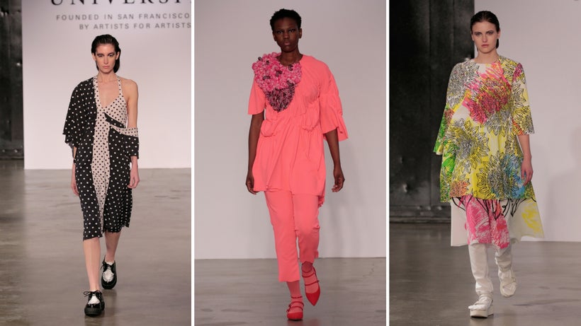 Models wearing designs by Amy Hsu Tzu Chen and Xiaowen (Wendy) Zhang (Left), Jessica V. Wijaya and Clarkie Kabler (center),