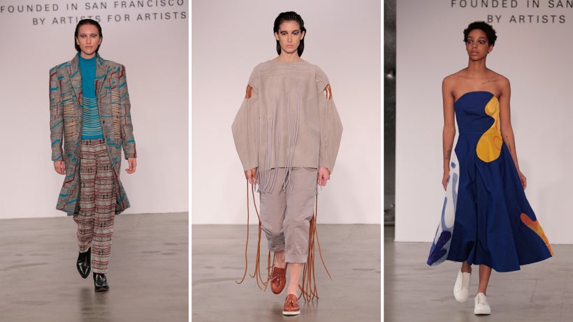 Models wearing designs by Dagny Steindorsdottir (left), Jane Wade (center), Laura Hidaka, Claudia Zoh-Hung Tan and Virginia Y