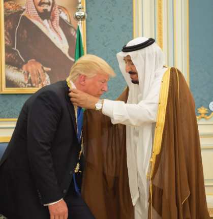 <p>President Trump receiving a medal from the king of Saudi Arabia today on his first state visit to the kingdom, just as Presidents Obama and George W. Bush received on their first state visits there</p>