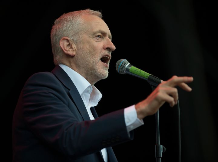 Labour leader Jeremy Corbyn speaks to the crowd at Wirral Live at Prenton Park