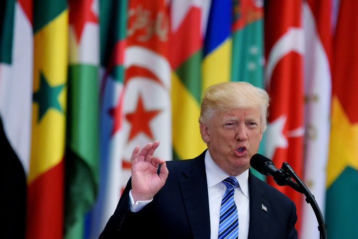 US President Donald Trump speaks during the Arabic Islamic American Summit at the King Abdulaziz Conference Center in Riyadh
