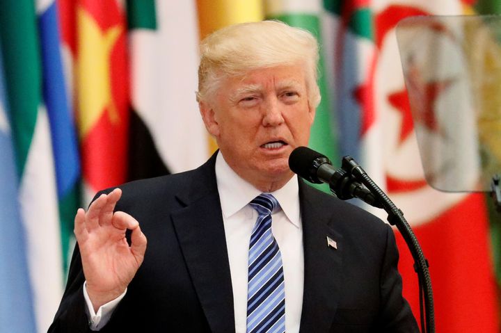 U.S. President Donald Trump delivers a speech during Arab Islamic American Summit in Riyadh, Saudi Arabia May 21.