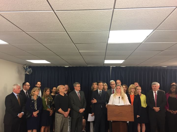 Kat Sullivan, a registered nurse from Orlando, FL, and a child sexual abuse victim, speaks at the press conference attended by Child Victims Act sponsors, Senator Brad Hoylman (left) and Assemblymember Linda B. Rosenthal (right). 