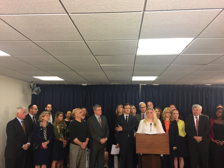 <p><em>Kat Sullivan, a registered nurse from Orlando, FL, and a child sexual abuse victim, speaks at the press conference attended by Child Victims Act sponsors, Senator Brad Hoylman (left) and Assemblymember Linda B. Rosenthal (right). </em></p>