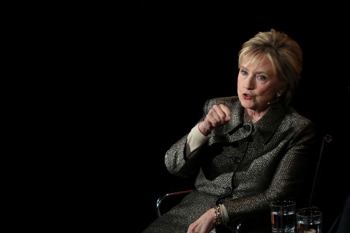 Former Secretary of State Hillary Clinton appears onstage at the Women in the World Summit in New York, April 6, 2017.
