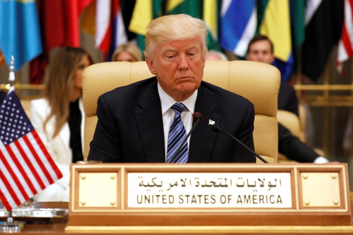 U.S. President Donald Trump takes his seat before his speech to the Arab Islamic American Summit in Riyadh, Saudi Arabia, on May 21, 2017.