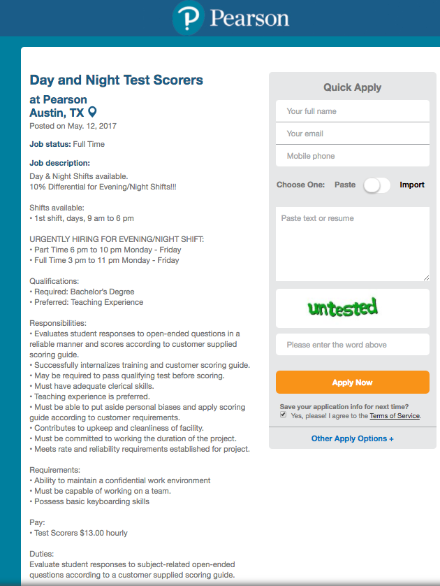 Advertisement for Day and Night Test Scorers at Pearson Austin. $13 an hour.