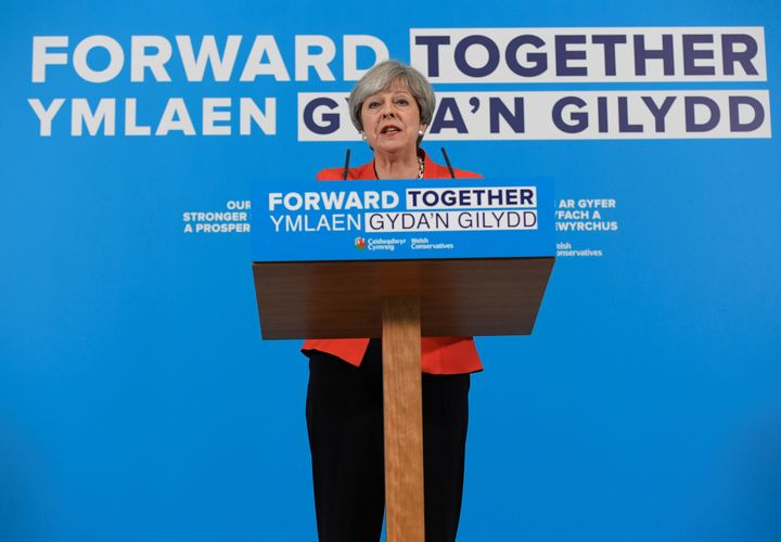 Theresa May speaks at the launch of the Welsh Conservative manifesto on Monday