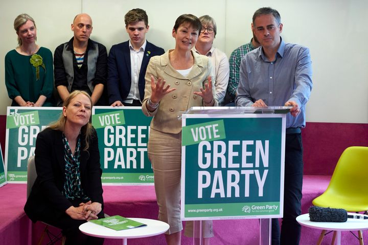 Caroline Lucas and Jonathan Bartley at the launch of the 'Green Guarantee'.