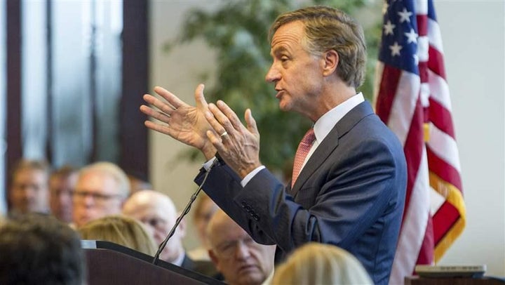 Tennessee Gov. Bill Haslam tells a Republican gathering in Nashville that the state has been sued for a new rule requiring ma