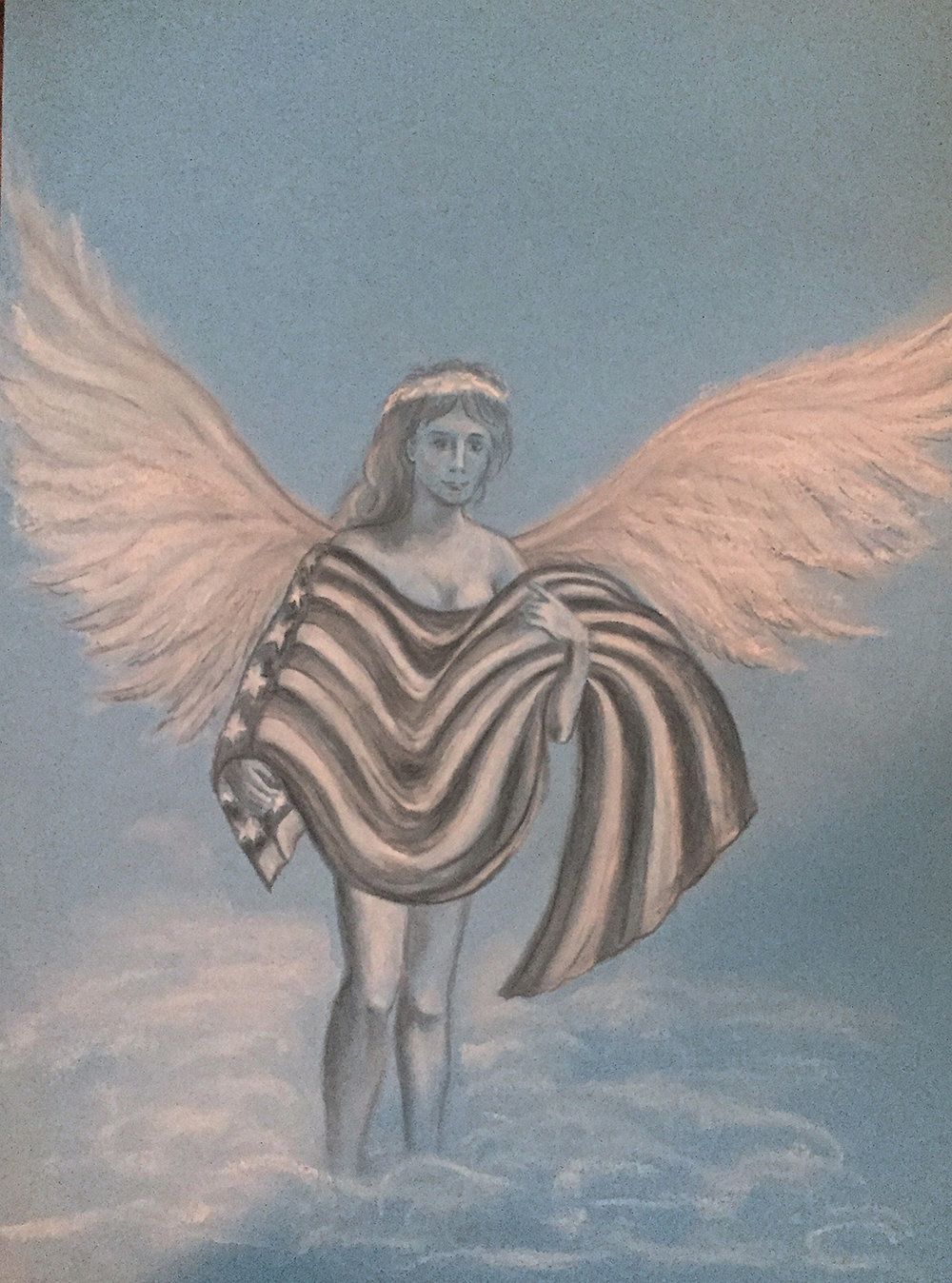 Jania Vanderwerff, "Refuge." Pencil and pastel on blue paper, 14 in. by 11 in. 