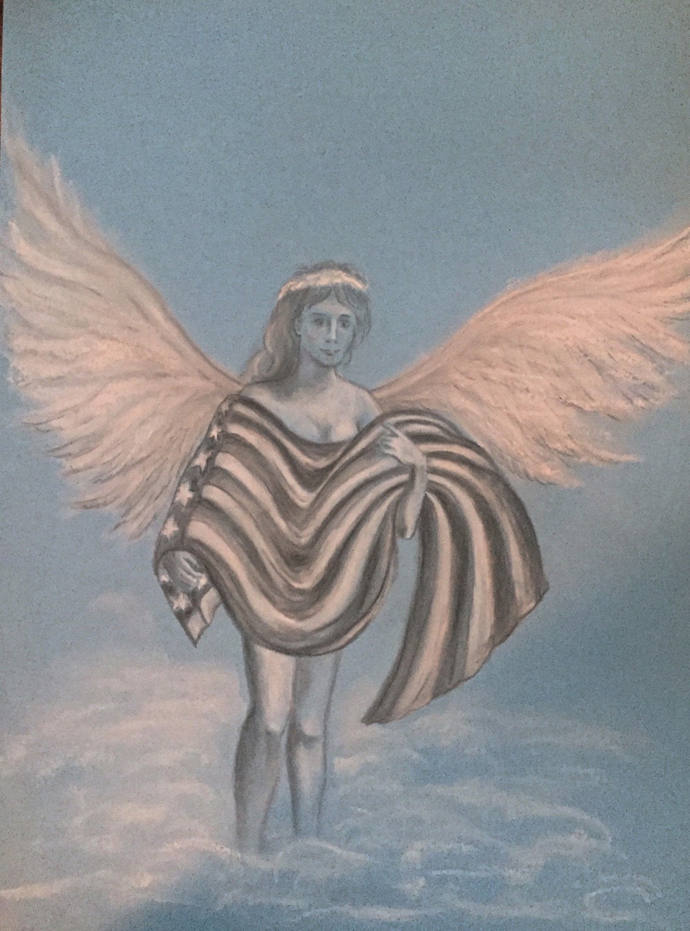 Jania Vanderwerff, "Refuge." Pencil and pastel on blue paper, 14 in. by 11 in.
