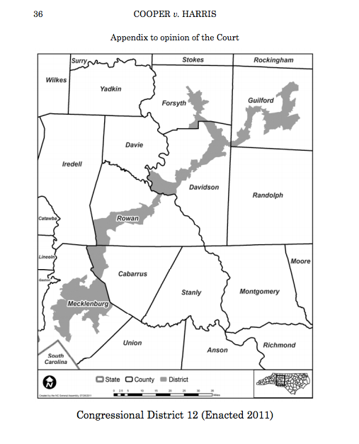 An illustration of North Carolina's congressional District 12, which the Supreme Court concluded was drawn to disadvantage black voters.