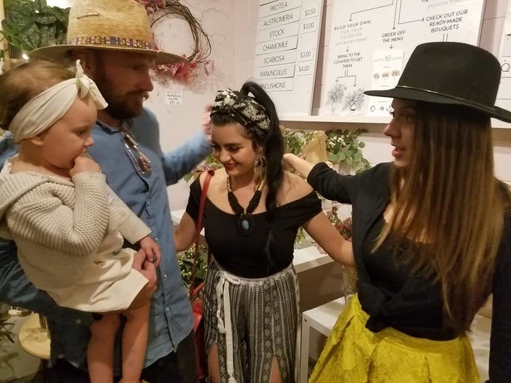<p>Guest including Bekah (center) of the Ladies in Waiting, Powdered Room at the 1 year anniversary celebration of Coffee and Flowers in North Park San Diego</p>