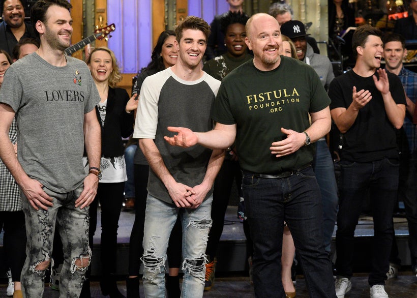 Louis CK wears a Fistula Foundation t-shirt while hosting <em>Saturday Night Live </em>in April, 2017.