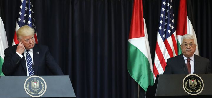 US President Donald Trump (L) and Palestinian leader Mahmud Abbas give a joint press conference at the presidential palace in the West Bank city of Bethlehem on May 23.