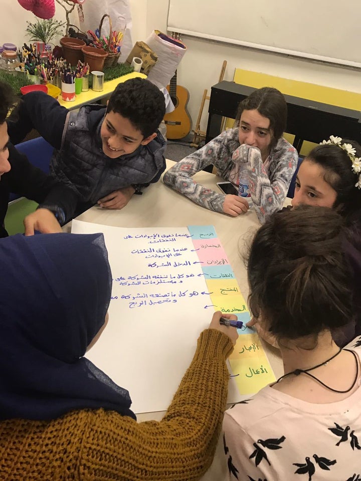 Young children in Jordan at the Abdul Hameed Shoman Foundation, learning business terminology. 