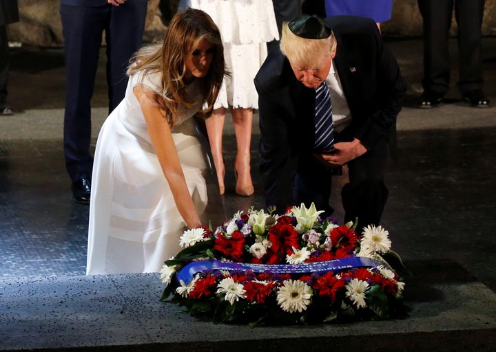 U.S. President Donald Trump and first lady Melania lay a wreath during a ceremony commemorating the six million Jews killed by the Nazis in the Holocaust, in the Hall of Remembrance at Yad Vashem Holocaust memorial in Jerusalem May 23, 2017.