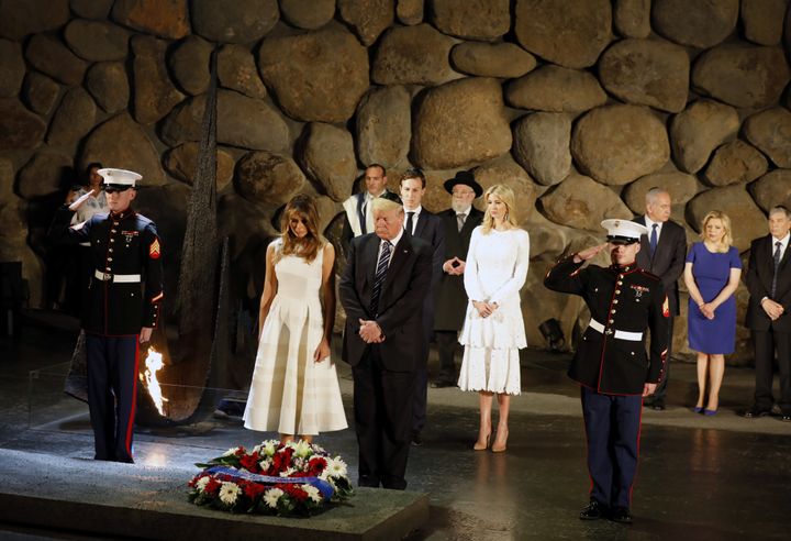 White House senior advisor Jared Kushner, Ivanka Trump, first lady Melania Trump, U.S. President Donald Trump, Israel's Prime Minister Benjamin Netanyahu (3rd L back), his wife Sara (2nd L) and Chairman of the Yad Vashem Holocaust Memorial, Avner Shalev, attend a wreath laying ceremony during a visit to the Yad Vashem Holocaust Memorial museum in Jerusalem May 23, 2017.