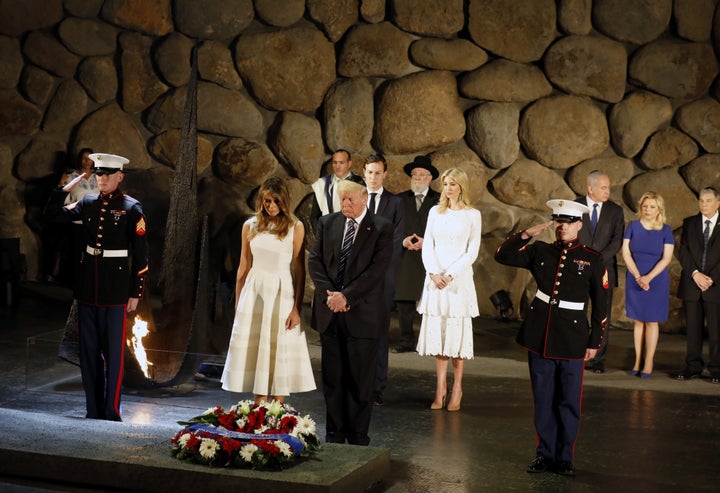 White House senior advisor Jared Kushner, Ivanka Trump, first lady Melania Trump, U.S. President Donald Trump, Israel's Prime Minister Benjamin Netanyahu (3rd L back), his wife Sara (2nd L) and Chairman of the Yad Vashem Holocaust Memorial, Avner Shalev, attend a wreath laying ceremony during a visit to the Yad Vashem Holocaust Memorial museum in Jerusalem May 23, 2017.