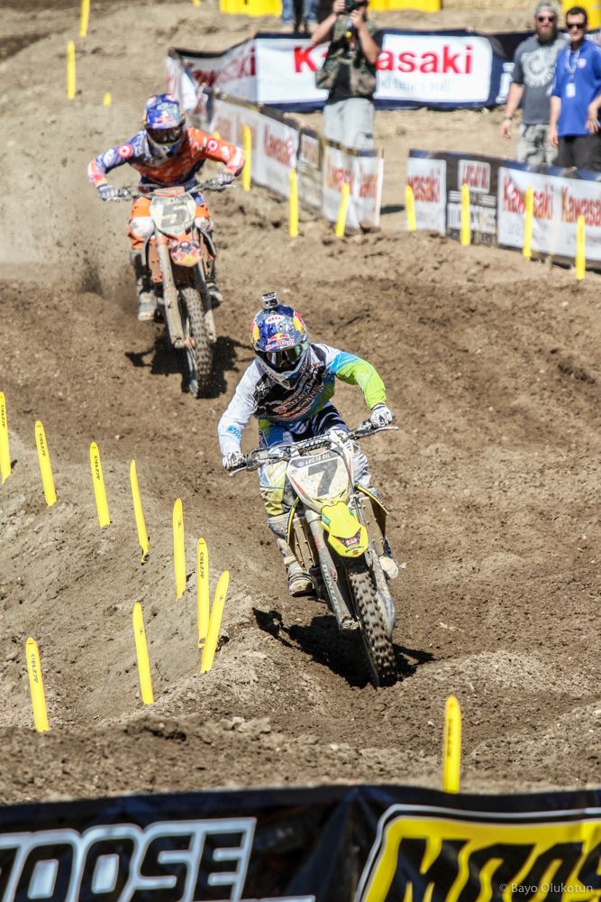 While Ryan did not come out on top in Supercross in 2012, outdoors would prove to be a different story. Early season battles with the returning James Stewart (7) had fans on their feet, watching two greats duke it out lap after lap. Stewart would wind up on top of this particular fight at Hangtown.