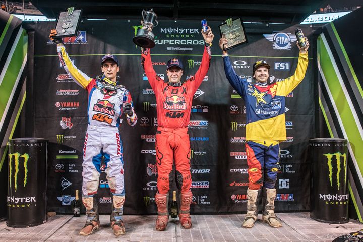 Ryan (center) celebrates the final win of his career at the 2017 New Jersey Supercross flanked by two of his Baker’s Factory training partners, Marvin Musquin (right) and Jason Anderson. After training essentially on his own for much of his career, Dungey switched over to working with longtime trainer Aldon Baker in 2015, and the results spoke for themselves. 