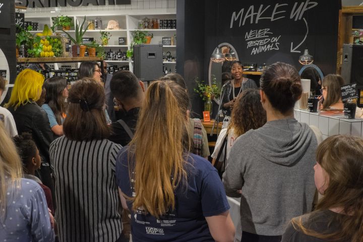 Diann Rust-Tierney, executive director of the National Coalition to Abolish the Death Penalty, speaks at a May 15 event at a Lush store in Chicago. The coalition has partnered with Lush on an anti-death penalty campaign.