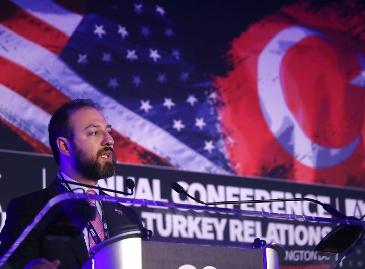 Turkish businessman Ekim Alptekin, chairman of the Turkey-U.S. Business Council, gives opening remarks Monday at the 36th Annual Conference on U.S. Turkey Relations, held at Trump International Hotel in Washington, D.C.