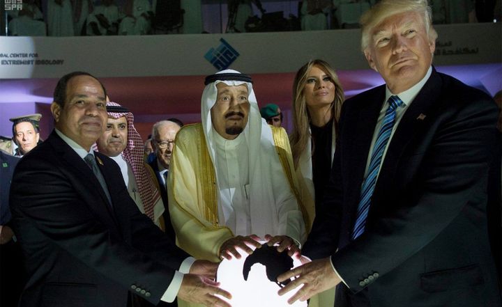Hail Hydra! Actually, that is the Egyptian dictator, the Saudi king, the American first lady and, of course, the American president. The glowing orb is not really a tool of super-villainy but a world globe in the midst of the very hastily built new Saudi global counter-terrorism center. Really. But I don’t see Jack Bauer.