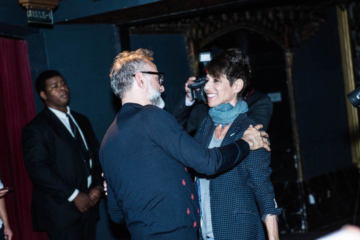 Chef Massimo Bottura greeting kindred spirit chef Dominique Crenn at the Ace Hotel. 