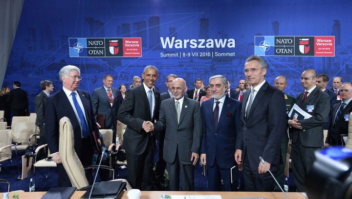 UK Secretary of Defense Michael Fallon, US President Barack Obama, President of Afghanistan Mohammad Ashraf Ghani, Chief Executive Officer of Afghanistan Abdullah Abdullah and NATO Secretary General Jens Stoltenberg- NATO Summit 2016 