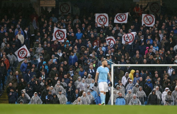 <strong>Fans protest against ticket prices at the Etihad stadium, Manchester</strong>.