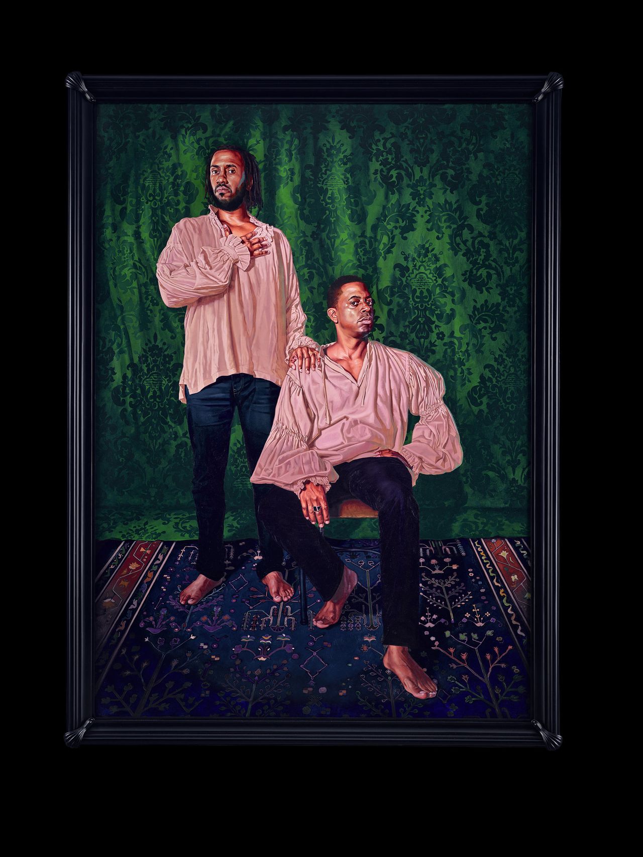 Kehinde Wiley, "Portrait of Rashid Johnson and Sanford Biggers, The Ambassadors," 2017, oil on canvas