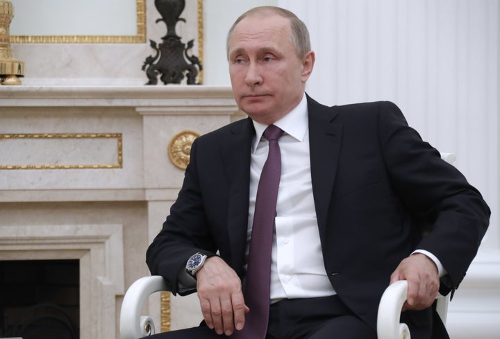 Russia's President Vladimir Putin looks on at a meeting with Macedonia's President Gjorge Ivanov at the Moscow Kremlin. Mikha