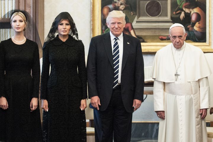 Donald Trump and Melania Trump and daughter, Ivanka, meet Pope Francis. 