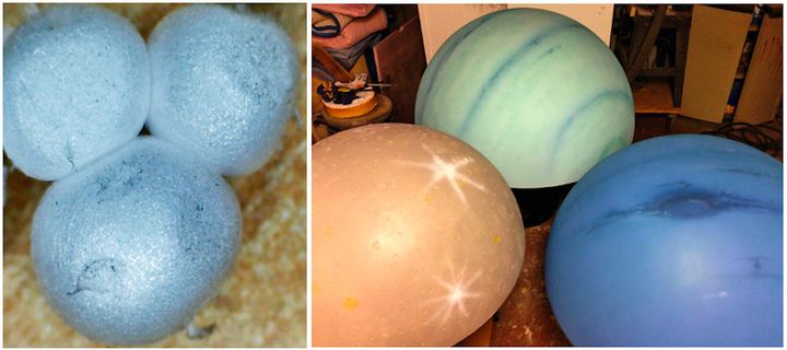 While scientists investigate a recently discovered styrofoam "puffy planet," styrofoam balls (left: Saurabh R. Patil/Wikimedia Commons) are enormously popular in the creation of the planets of our solar system (right: Marc Dantonio/FX Models)