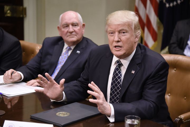 President Donald Trump speaks as Agriculture Secretary Sonny Perdue looks on during a roundtable with farmers at the White House on April 25 in Washington.