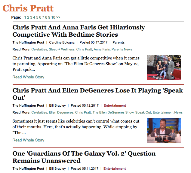 The tag page for actor Chris Pratt houses every single piece of content that's tagged with his name.