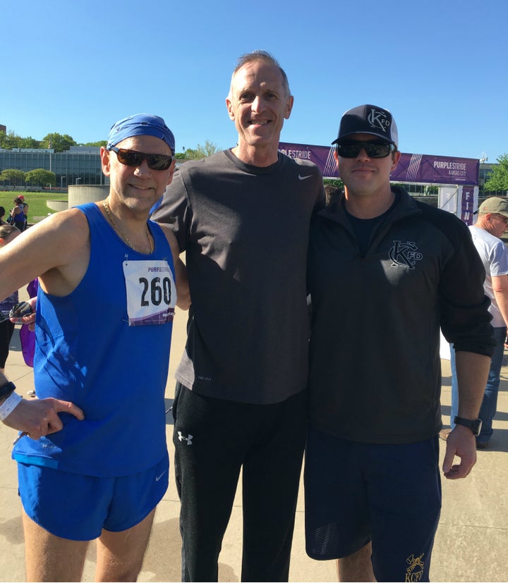 Rick at this year’s PurpleStride 5k with his lifesavers: Dr. Jack Uhrig (left) and Bryan Rice (right).