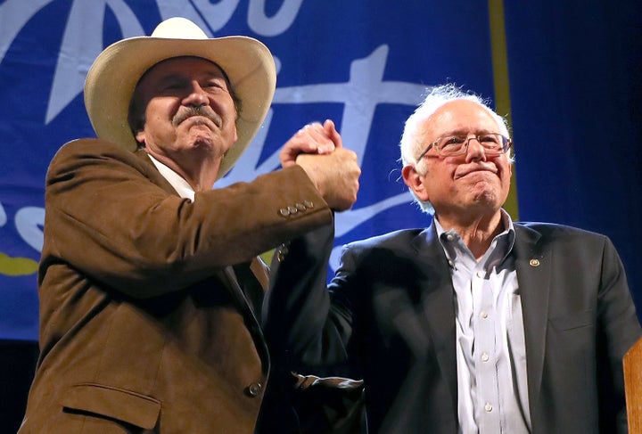 Democratic U.S. House candidate Rob Quist with Sen. Bernie Sanders (I-Vt.) greet supporters at a campaign rally May 20 in Butte, Montana.