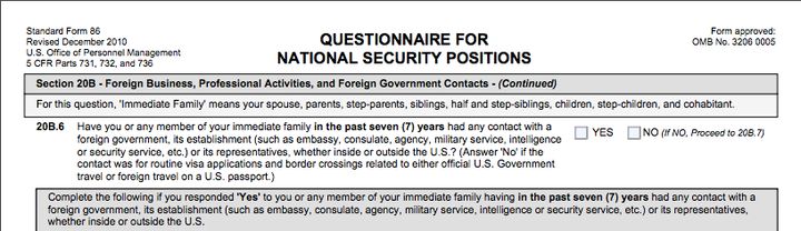 The portion of the SF-86 form asking about contact with foreign officials.