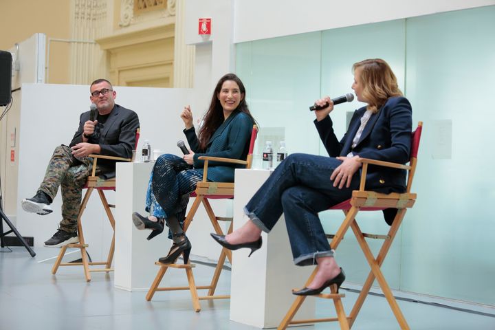 Executive Director of the School of Fashion Simon Ungless (left), Sara Kozlowski (middle), and Sarah Mower (right) discussing fashion and art education during panel discussion