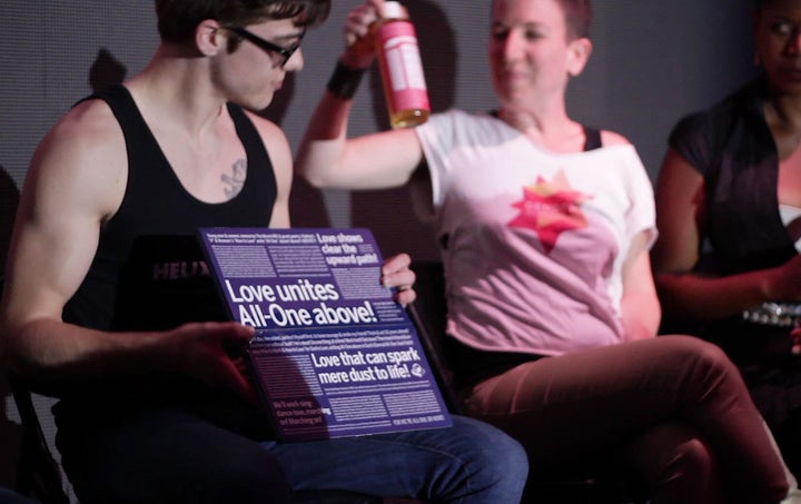<p>Panelists unpack swag with apropos messaging from Dr. Bronner’s</p>