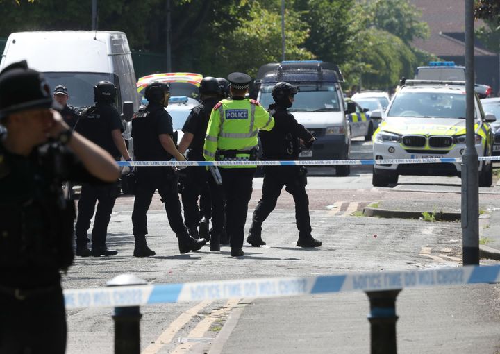 Police activity at a cordon in the Hulme area of Manchester.