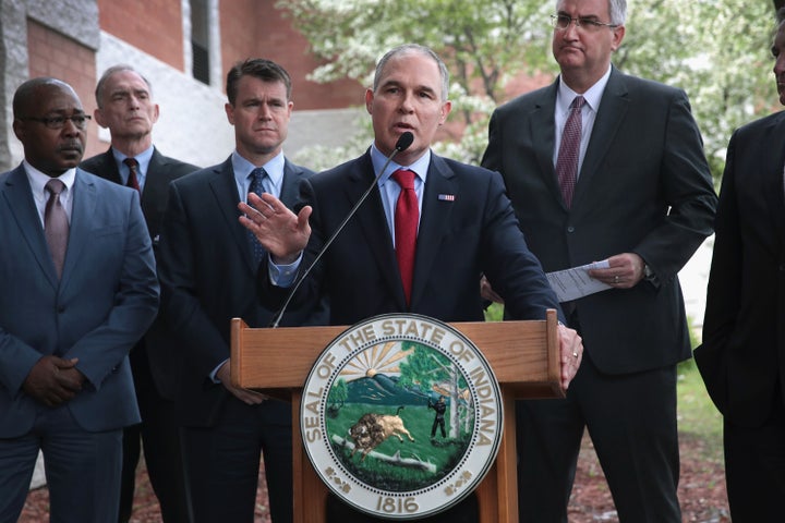 EPA Administrator Scott Pruitt speaks to the media after meeting residents at the West Calumet Housing Complex in East Chicag