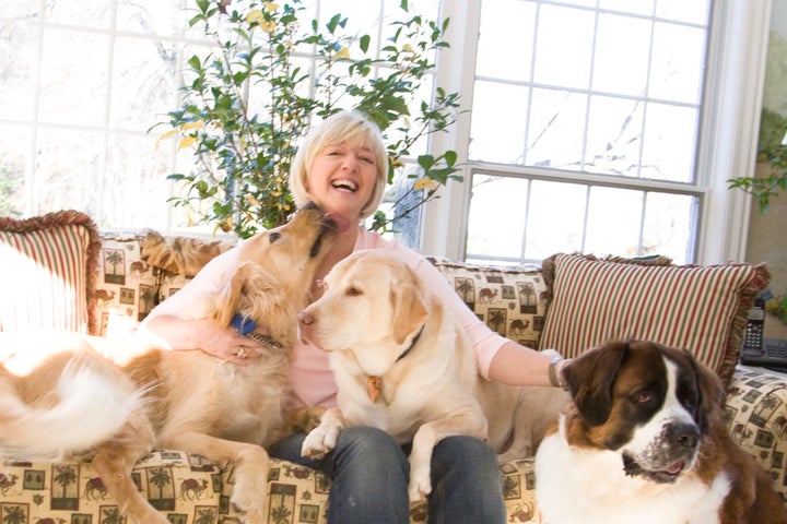 Cathy Kangas with her rescue dogs