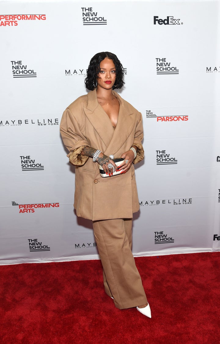 Rihanna in a suit designed by Parsons graduate Matthew Adams Dolan. 