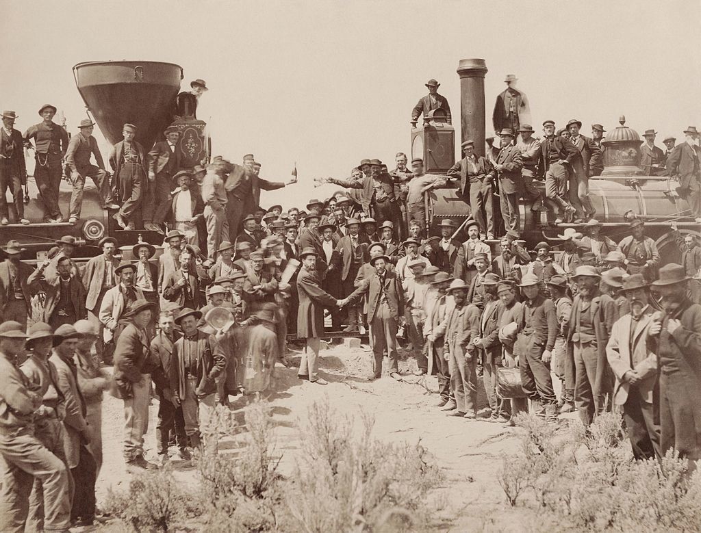 A.J. Russell image of the celebration following the driving of the "Last Spike" at Promontory Summit, Utah, May 10, 1869. Because of <a href="https://en.wikipedia.org/wiki/Temperance_movement" role="link" class=" js-entry-link cet-external-link" data-vars-item-name="temperance" data-vars-item-type="text" data-vars-unit-name="5927075ee4b062f96a34c9cc" data-vars-unit-type="buzz_body" data-vars-target-content-id="https://en.wikipedia.org/wiki/Temperance_movement" data-vars-target-content-type="url" data-vars-type="web_external_link" data-vars-subunit-name="article_body" data-vars-subunit-type="component" data-vars-position-in-subunit="2">temperance</a> feelings the liquor bottles held in the center of the picture were removed from some later prints.